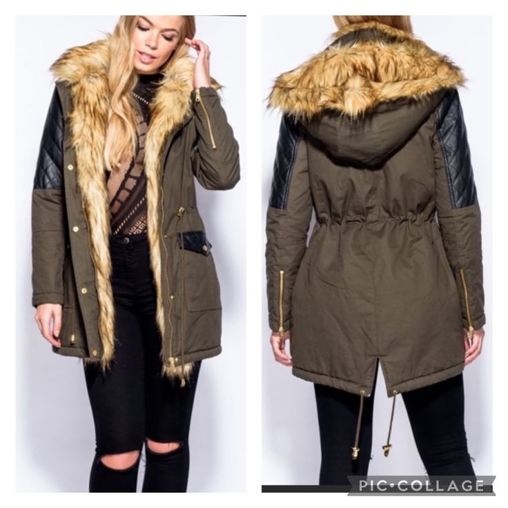 Olive Double Layered Parka Faux Leather And Faux Fur Detail Interior Has Faux Fur Trim With A Soft White Faux Fur Interior Faux Fur Hood Pockets In Front Tie At The Waist Fabric Content Shell 1: 55% Polyester 35% Cotton 10% Nylon Shell 2: 100% Viscose Fur: 100% Polyester Fur Trim: 100% Acrylic Size 8 Is Equivalent To A Size Large. Tag Will Say Size Us Size 8 Label Will Say Numerical Size= Size 2=Xs Size 4= S Size 6=M Size 8/10= L Size 12=Xl Hooded Faux Fur Parka With Fur Trim, Trendy Hooded Parka For Cold Weather, Trendy Winter Parka For Cold Weather, Trendy Winter Parka With Double-lined Hood, Fall Hooded Faux Fur Jacket With Fur Trim, Fall Faux Fur Hooded Jacket With Long Sleeves, Trendy Fall Outerwear With Double-lined Hood, Fall Faux Fur Hooded Jacket With Faux Fur Trim, Faux Fur Hooded Jacket For Fall