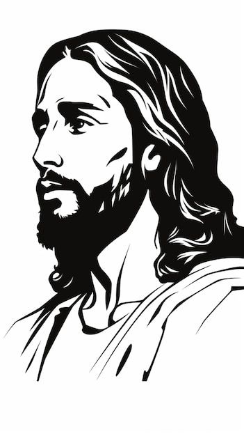 the face of jesus with long hair and beard, black and white drawing on a white background