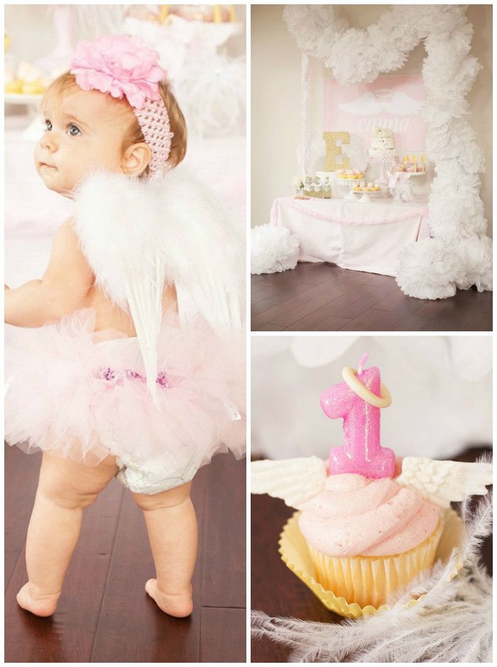 a collage of photos with baby's first birthday cake and cupcakes