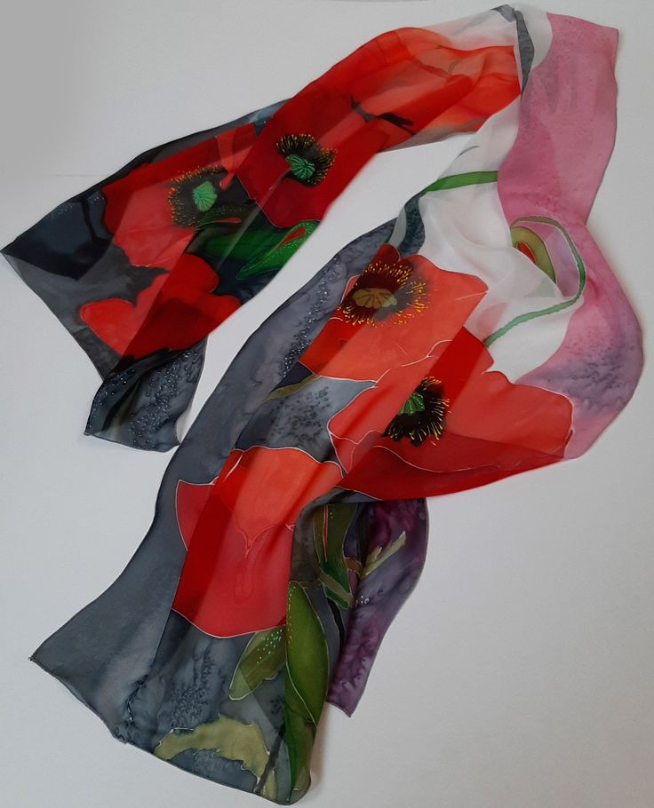 Hand Painted Silk Scarf Red Poppies , Gift for Her A long hand-painted silk scarf dyed with high-strength professional silk dyes that cannot be unloaded with time. My scarves allow any woman to feel unique and fashionable. Batik products are always in fashion. I put all my scarves in a packing box with my logo, it looks very stylish. Any of my scarves can be personalized by writing a name or initials as desired. My scarves can be a great accessory for any occasion. The method of care for my prod Red Silk Scarf For Spring, Red Scarf For Spring Gift, Red Scarves As Spring Gifts, Red Scarves For Spring Gifts, Red Scarf As A Spring Gift, Handmade Red Silk Scarf For Gift, Artistic Hand Painted Red Silk Scarf, Hand Painted Gifts, Painted Scarf