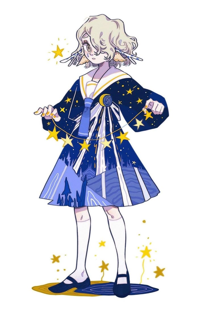 a drawing of a girl with blonde hair wearing a blue dress and stars around her neck