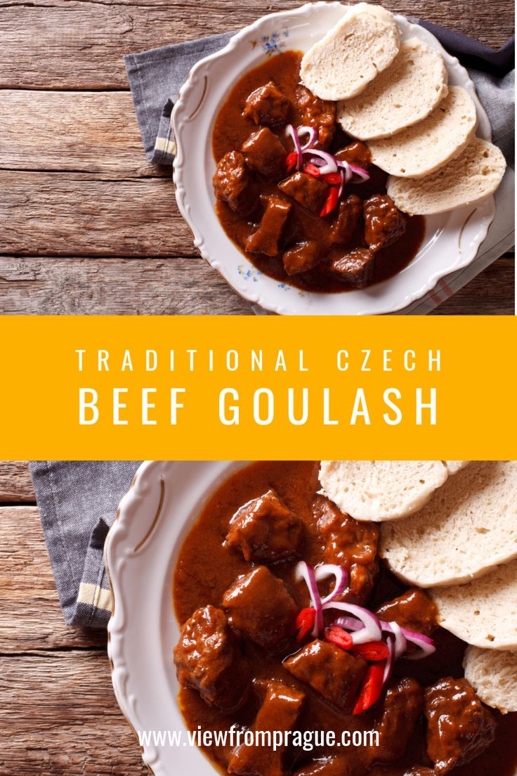 beef goulash with pita bread on the side and text overlay reading traditional czech beef goulash