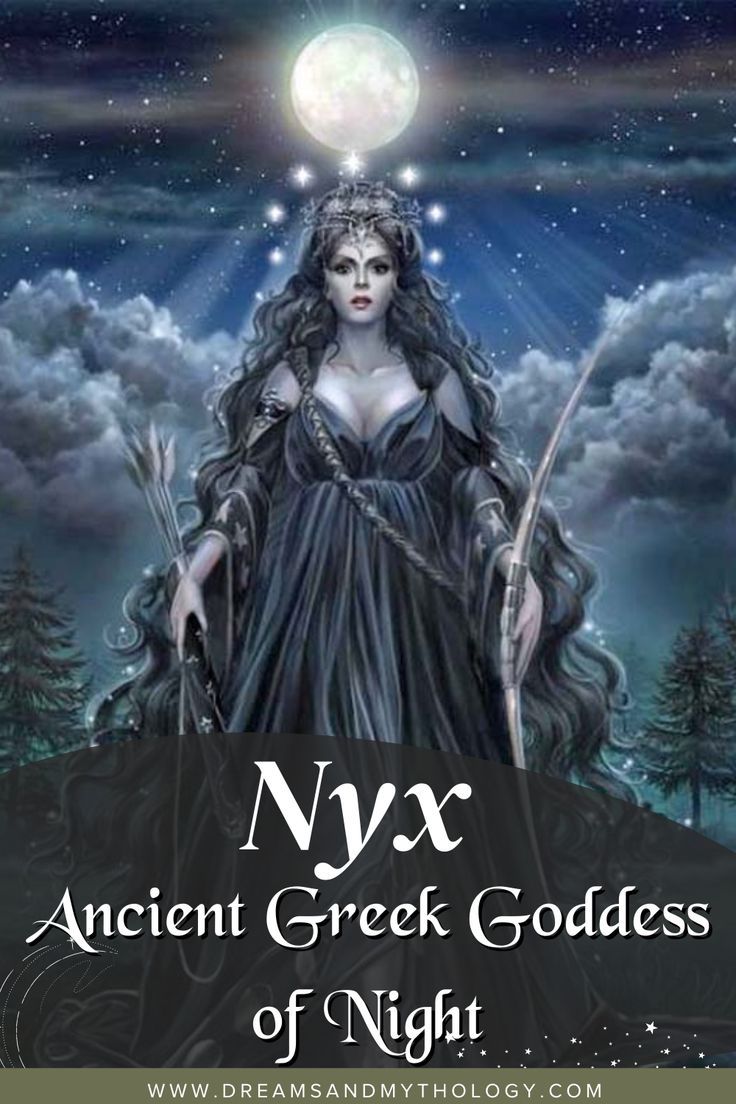 an image of a woman sitting on top of a hill with the words nyx ancient greek goddesss of night