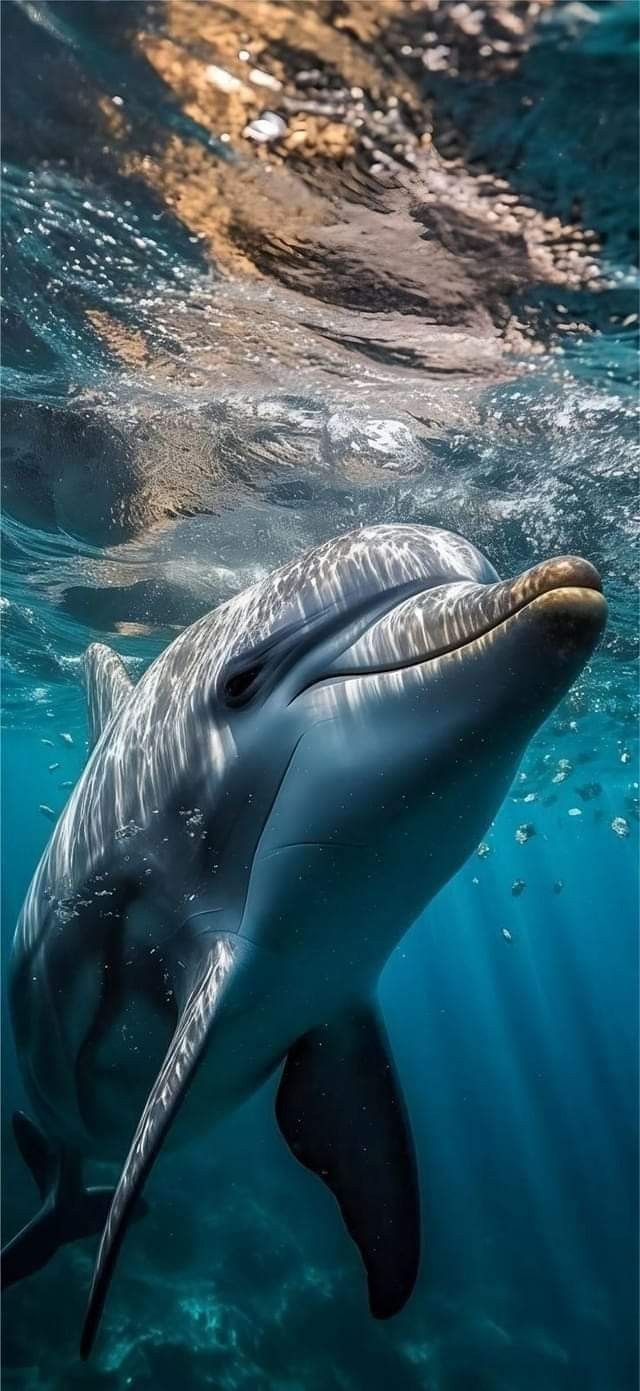 a dolphin swimming in the ocean with sunlight shining on it's face and head