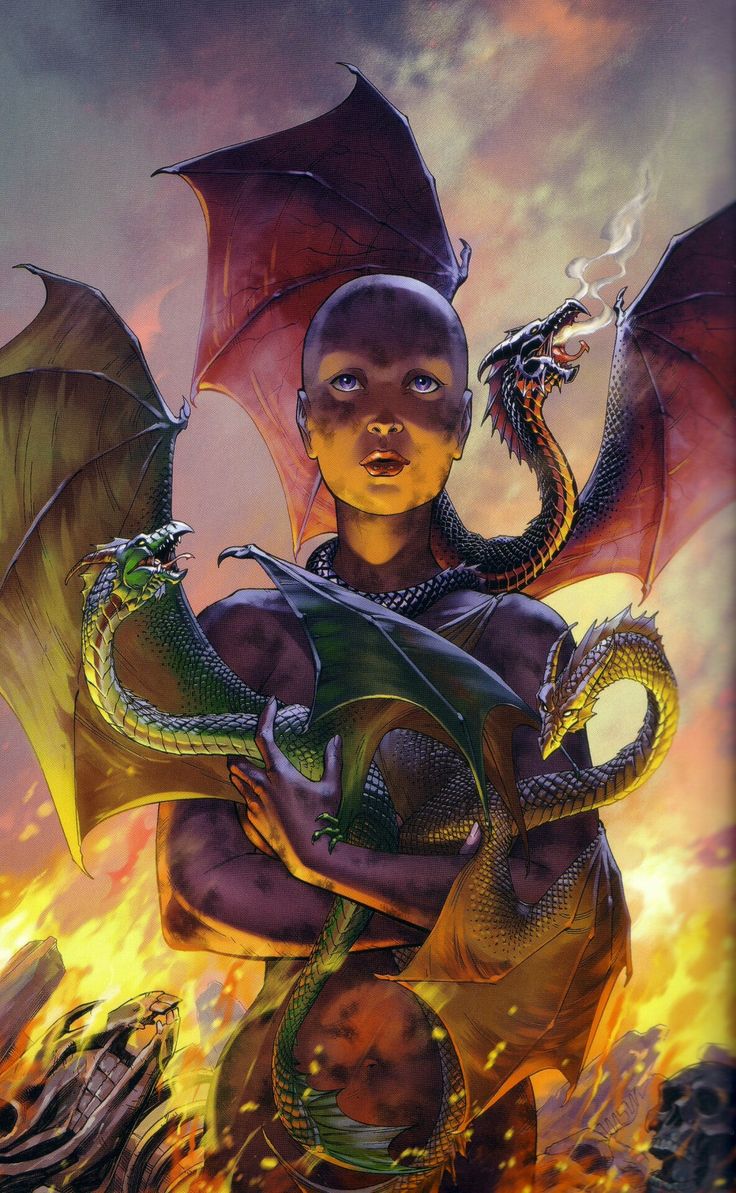 a painting of a woman holding a dragon in front of a fire and skulls background