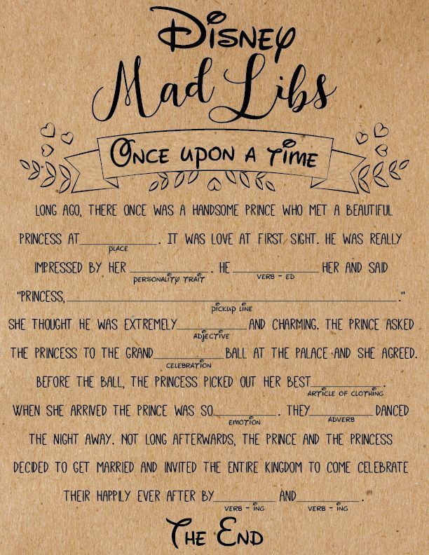 a disney mad - libs once upon a time poem is shown on a piece of brown paper