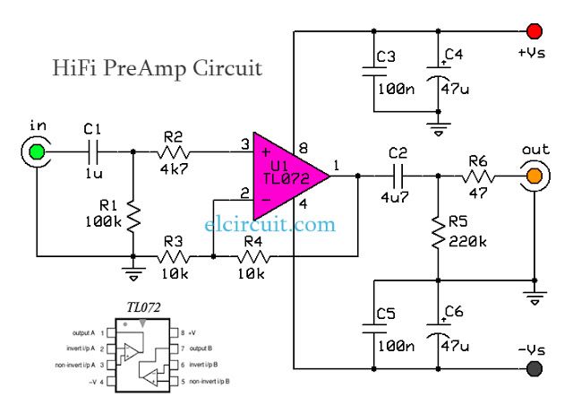 the electronic circuit diagram shows how to use an amplifier with two different types of electronics