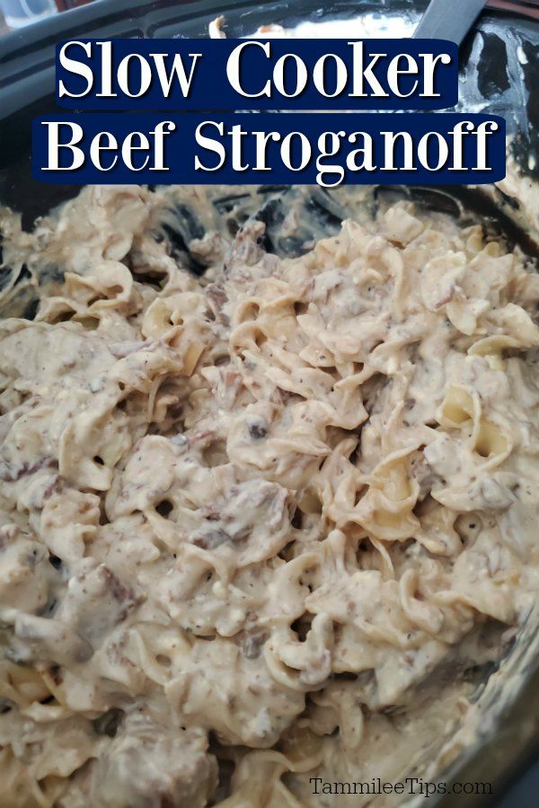 slow cooker beef stroganoni in a skillet with text overlay