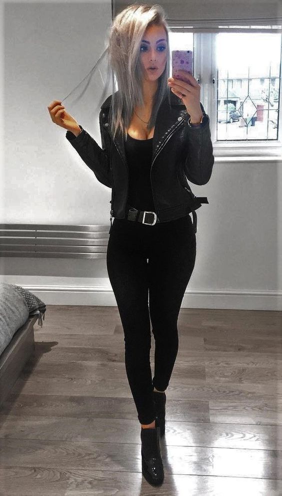 All Black Outfits For Women, Black And White Outfit, Black Jeans Outfit, Leather Jacket Outfits, Tumblr Outfits, Elegante Casual, Outfit Jeans, Looks Black, Black Women Fashion