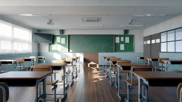 an empty classroom with desks and green chalkboard