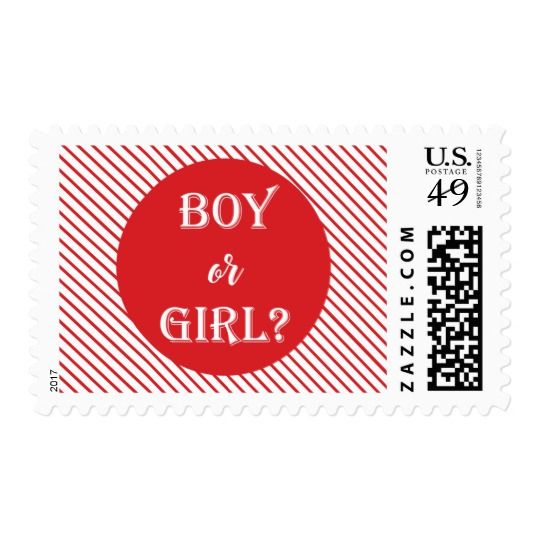 a red and white postage stamp with the words boy or girl? on it,