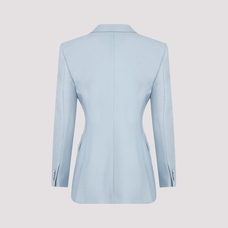 Gabriela Hearst Stone Blue Silk Gavin Blazer. Crafted in silk and virgin wool blend. Notched collar, front buttoned fastening, double breast design, side flap pockets, long sleeves, buttoned cuffs, straight hem, fully lining. Silk Single-breasted Outerwear For Office, Silk Single Breasted Outerwear For Office, Single Breasted Silk Outerwear For Office, Designer Silk Outerwear For Office, Luxury Office Suits, Silk Evening Outerwear With Button Closure, Luxury Long Sleeve Office Blazer, Designer Fitted Double-breasted Outerwear, Elegant Double-breasted Suit With Long Sleeves