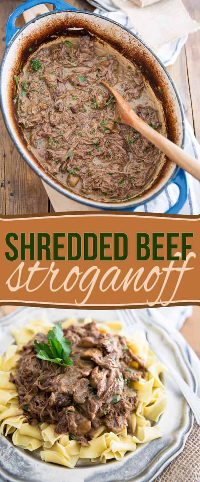 shredded beef stroganoni in a skillet with text overlay