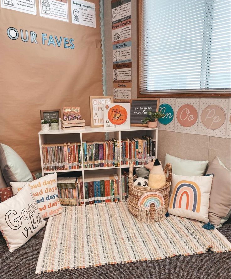 a room filled with lots of books and stuffed animals