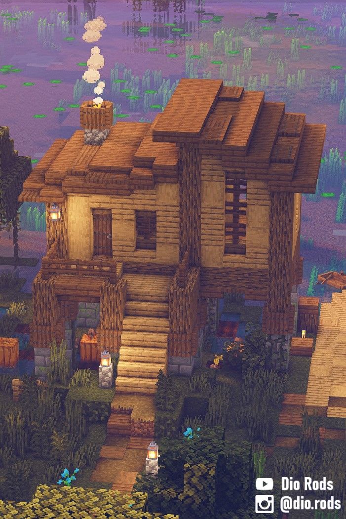 A Minecraft Starter House in the Swamp Biome. Oak Biome House Minecraft, Fisher Man House Minecraft, Minecraft Rundown House, Mangrove Starter House Minecraft, Minecraft Swamp Build Ideas, Minecraft Houses Swamp, Minecraft Slanted Roof, Minecraft Biome Houses, Minecraft Swamp House Ideas