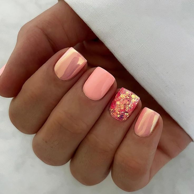 LDIHAO Stick on Nails Short Square Press on Nails Cute Pink Fake Nails Pink Glitter Design Glue on Nails Acrylic 24 Pcs False Nails for Women Girls - Walmart.com Peach Nails, Coral Nails, Spring Nail Trends, Nagel Tips, Colorful Nails, Her Nails, Vacation Nails, Dipped Nails, Stick On Nails