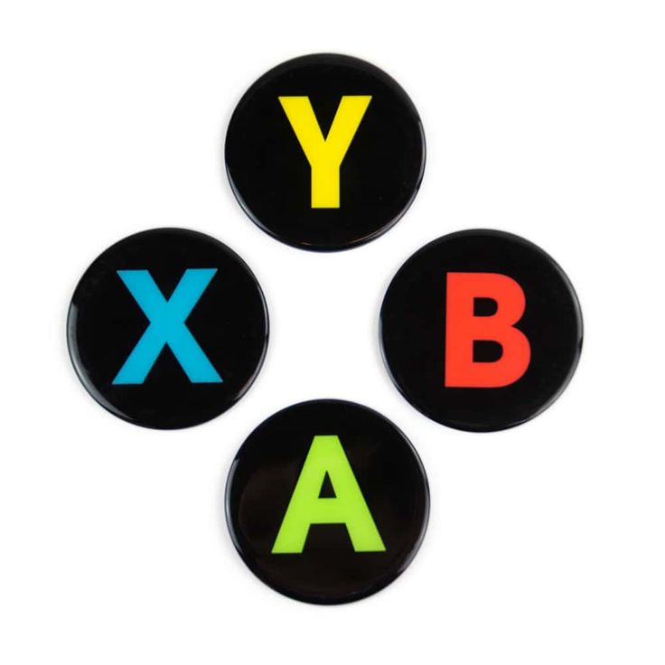 three black and yellow buttons with letters in different colors on the bottom one has an x, y, and b