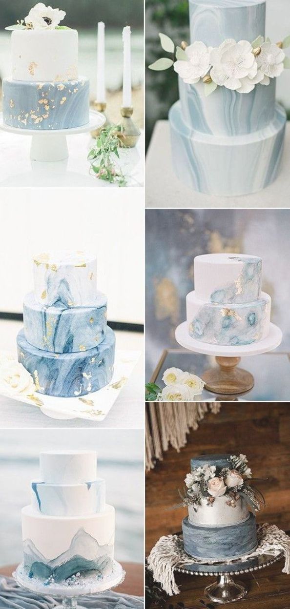 four different pictures of blue and white wedding cakes