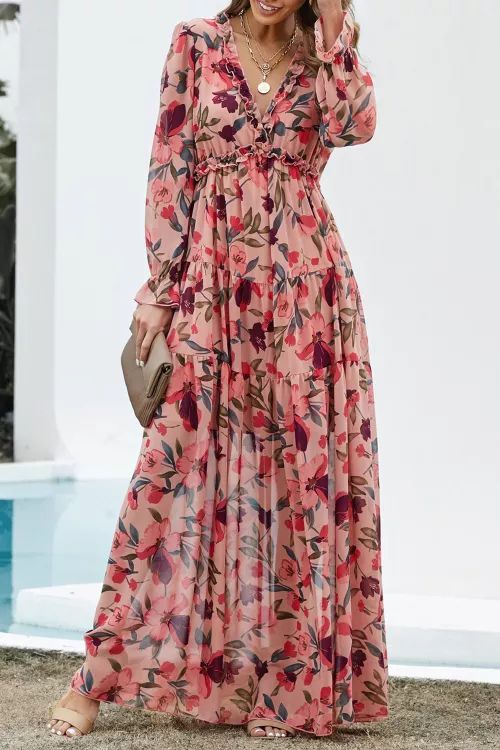 $12.9 Wild Lotus Ruffle Tiered Maxi Dress, Floral Dresses Wholesale فستان زهري, Casual Chiffon Dress, Vacation Maxi Dress, Plunge Maxi Dress, Holiday Maxi Dress, Dress Chiffon, Womens Floral Dress, Maxi Styles, Maxi Robes