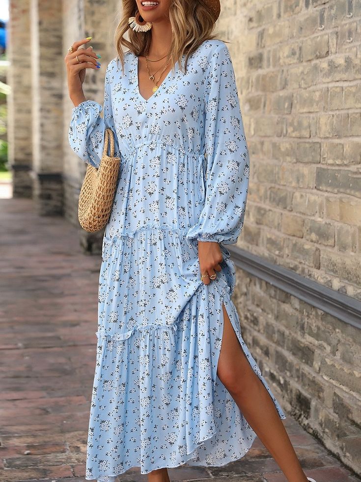 Elegant Flower Print Hem Split Dress for Women Fall Dresses New V-neck High Waist Lace-up Skinny A-line Maxi Dress Printed Dresses Fashion, Printed Long Skirt, Fashion Patchwork, A Line Maxi Dress, Marine Uniform, Skirt High Waist, Womens Fall Dress, Split Dress, Floral Blue Dress