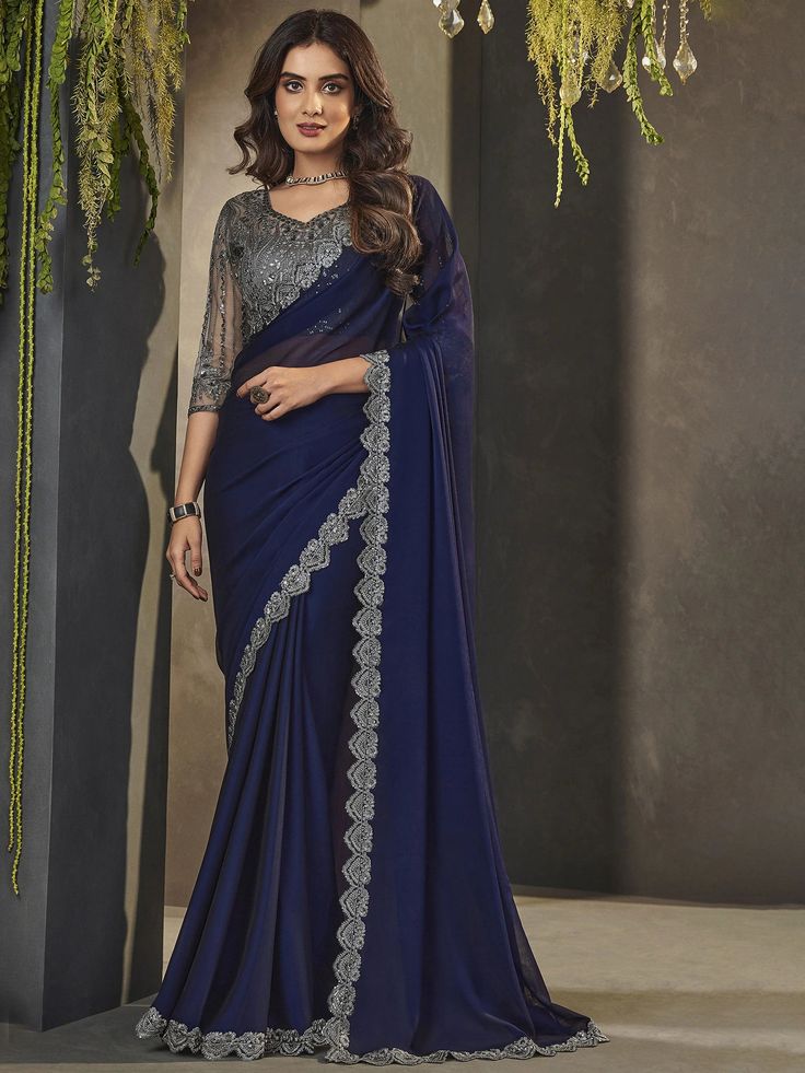 Vani Georgette Embroidered Stone Work Designer Border Saree Premium quality georgette fabric Enhance with thread & tiki work Comes with unstitch blouse fabric Be the ultimate diva in the Vani Saree. Made from delicate Georgette fabric with intricate stone work and designer border, this saree will surely make you stand out in any occasion. Blue Floral Dress Outfit, Saree Lace Border, Lace Border Saree, Raw Silk Fabric, Beautiful Sarees, Desi Wear, Designer Silk Sarees, Border Saree, Simple Sarees