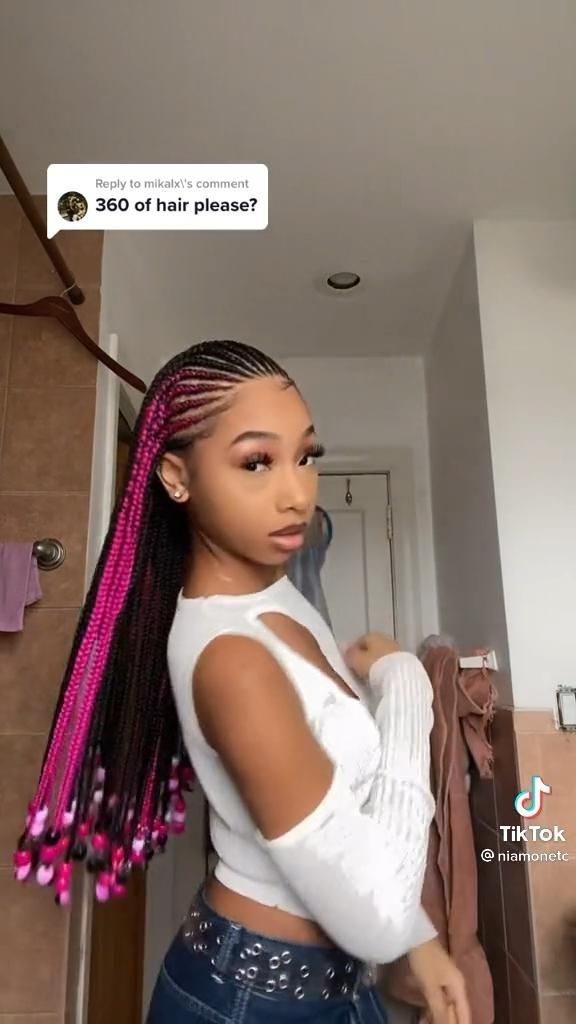 Pink braids Fulani Braids Pink And Black, Black And Pink Fulani Braids, Pink Hair For Black Women, Pink And Black Cornrows, Peekaboo Fulani Braids With Beads, Pink And Black Braids Black Women, Black Girls Cornrow Hairstyles, How To Style Cornrows Braids, Braids Black And Pink