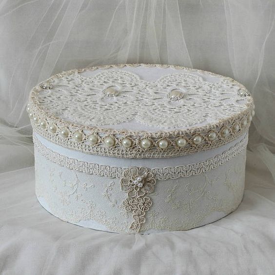 a white lace covered box with pearls on the lid and beaded trimmings