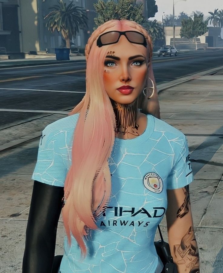 a woman with pink hair and tattoos on her face standing in front of a street