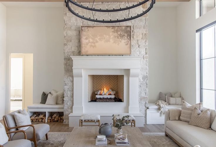 a living room filled with furniture and a fire place in the middle of the room