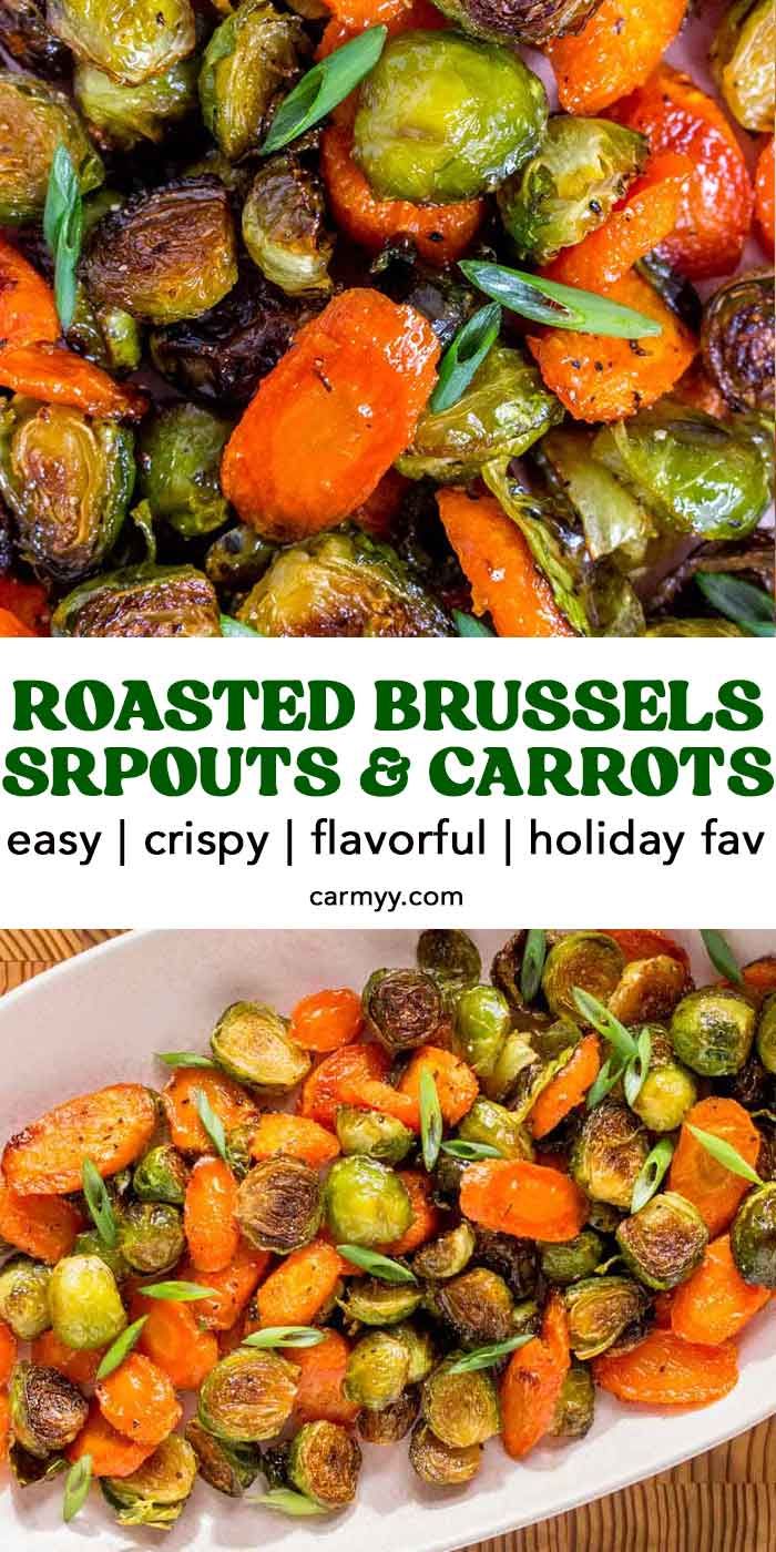 roasted brussel sprouts and carrots with text overlay