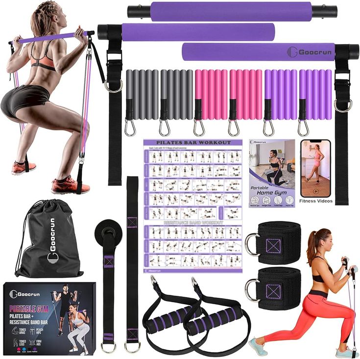 Portable Pilates Bar and Resistance Band Set with Handles. Multipurpose Home Gym, Supports Full-Body Workouts - with Fitness Poster and Video Workouts Equipment, Gym Products, Pilates Bar, Fitness Poster, Portable Gym, Best Resistance Bands, Pilates Equipment, Bar Sets, Gym Machines