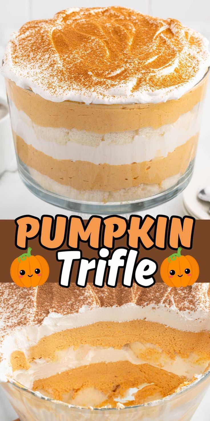 a pumpkin trifle cake with whipped cream and frosting in the middle is shown