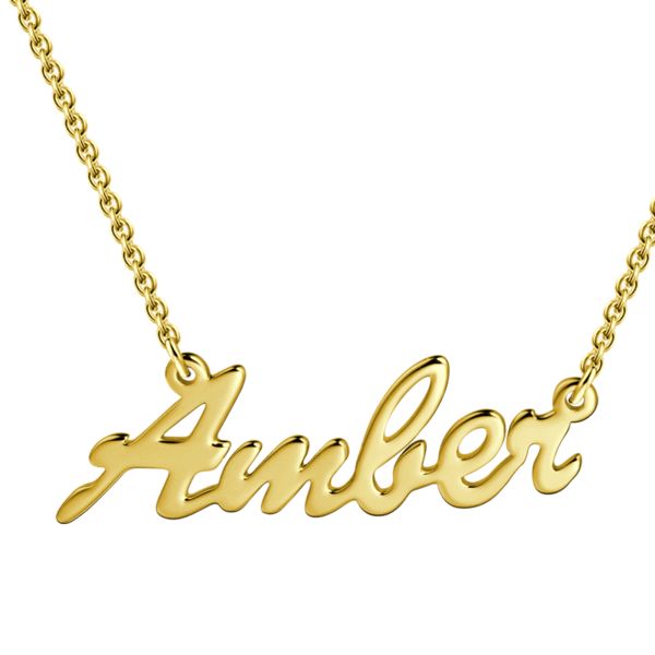 Every stylish woman should have a Custom Nameplate Necklace in their jewelry box. Not only do they look fashionable, but they look gorgeous on their own or layered up. This particular style features a font that is easy to read and that has a beautiful flow to it. The colors are all neutral metallics, which makes them very versatile. All of our name necklaces have a polished surface so that they gleam beautifully in the light. If you are on the hunt for a thoughtful gift for a loved one, this wou Trendy Personalized Name Necklace, Elegant Custom Name Necklace, Elegant Birthstone Nameplate Necklace, Elegant Personalized Necklaces, Elegant Rose Gold Name Necklace For Personalized Gift, Elegant Custom Nameplate Necklace, Personalized Rose Gold Elegant Necklace, Elegant Personalized Rose Gold Necklace, Elegant Personalized Name Necklace