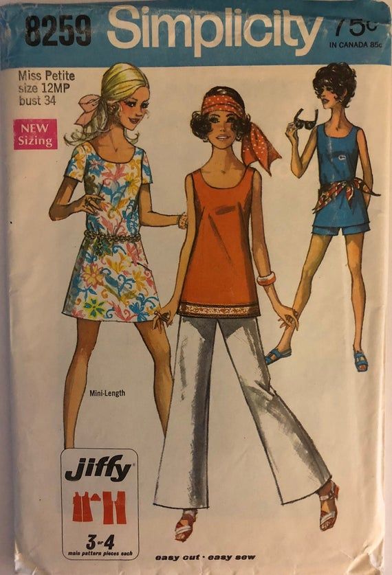 Vintage 8259 Simplicity (1969) Jiffy Simple-To-Sew Size 12 Bust 34 Misses Petites & Misses Jiffy Mini-Dress or Top and Bell-Bottom Pants or Shorts: The collarless mini-dress or top with optional back waistline darts has lowered round neckline and back zipper. The mini-dress with short set-in 1960s Mini Dress, 60s Mini Dress, Beginner Sewing Patterns, Pants Sewing, 60s And 70s Fashion, Robes Vintage, Pants Sewing Pattern, Boho Mini Dress, Simplicity Sewing