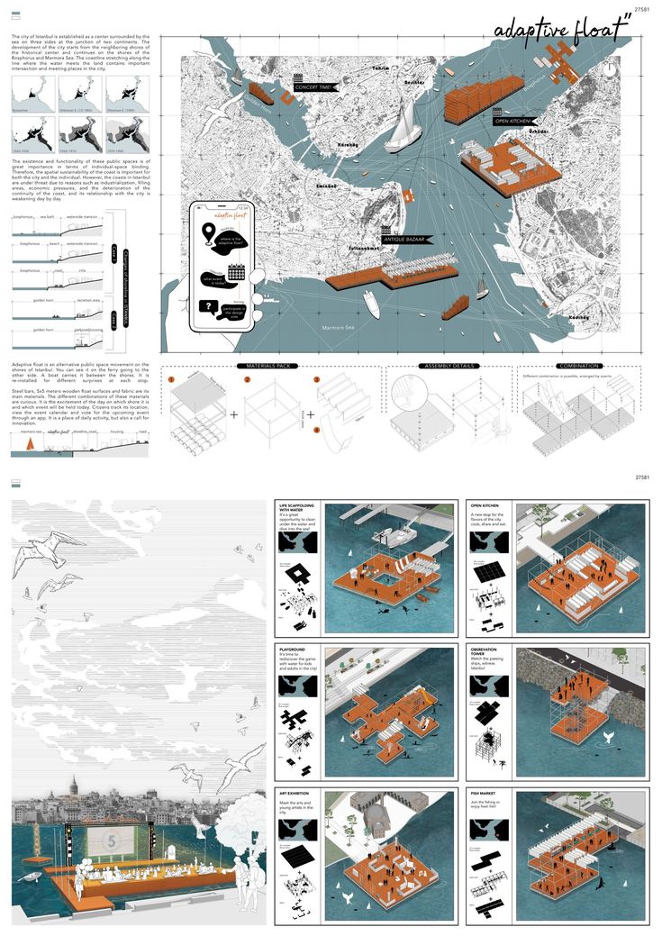 an illustrated map shows the locations and features of various buildings