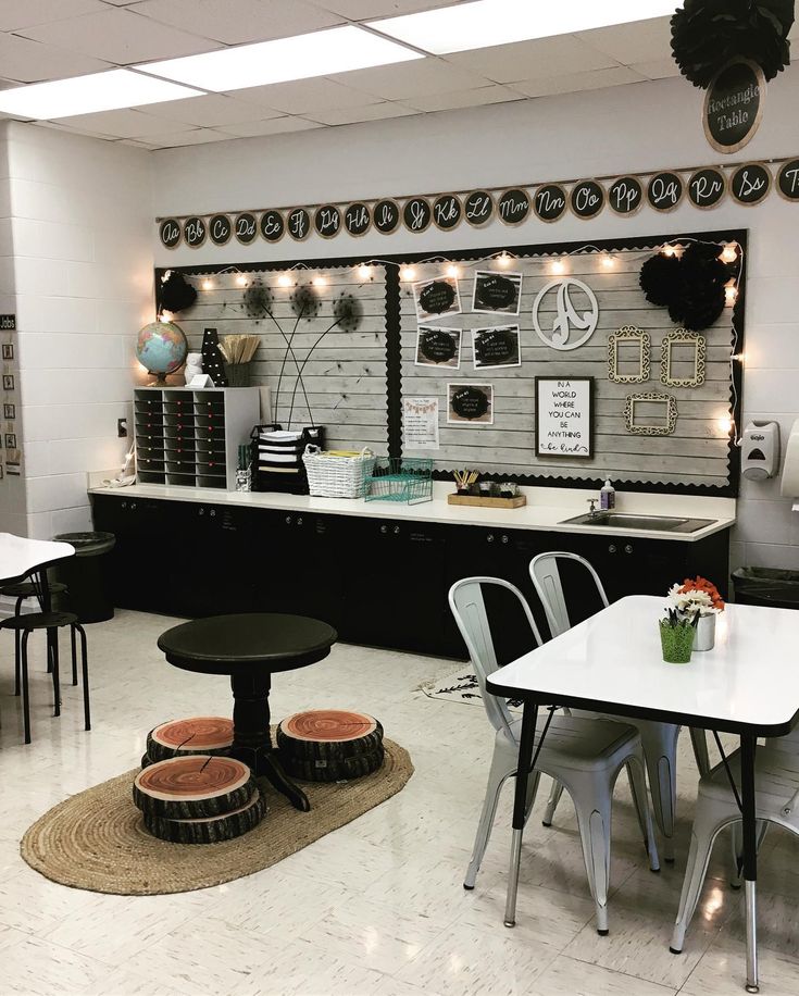 a room filled with tables and chairs next to a counter