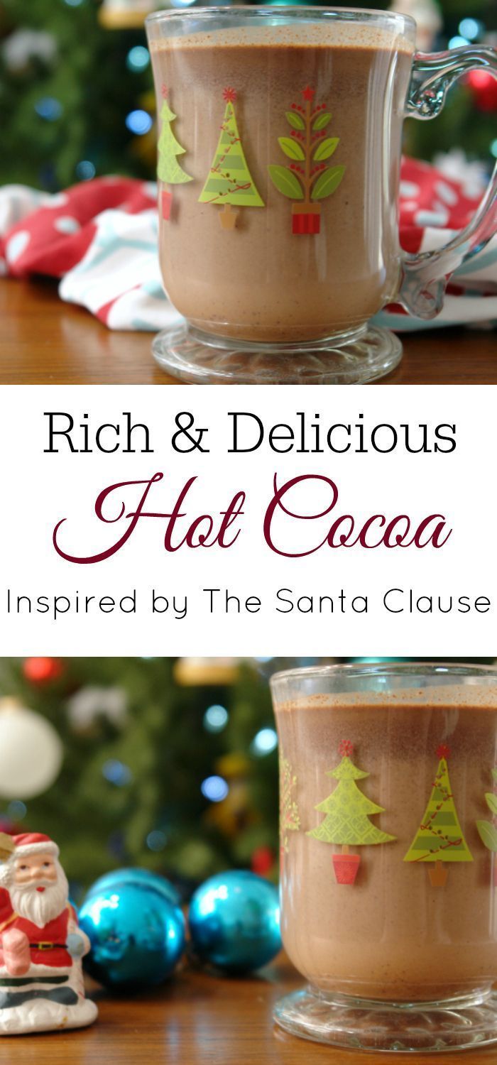 rich and delicious hot cocoa is served in glass mugs with santa clause decorations on the side