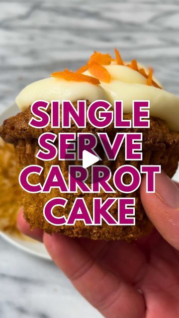 someone is holding up a carrot cake with cream on top and the words single serve carrot cake above it