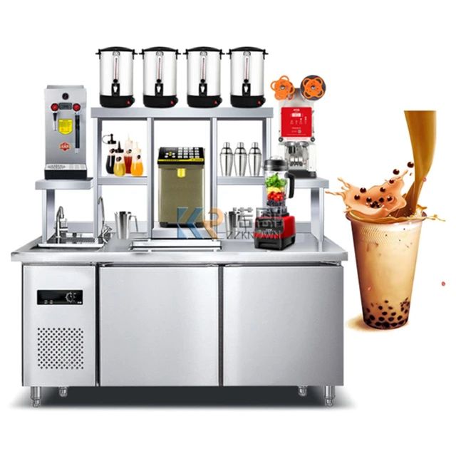 an image of a coffee machine with drinks on the counter and in front of it