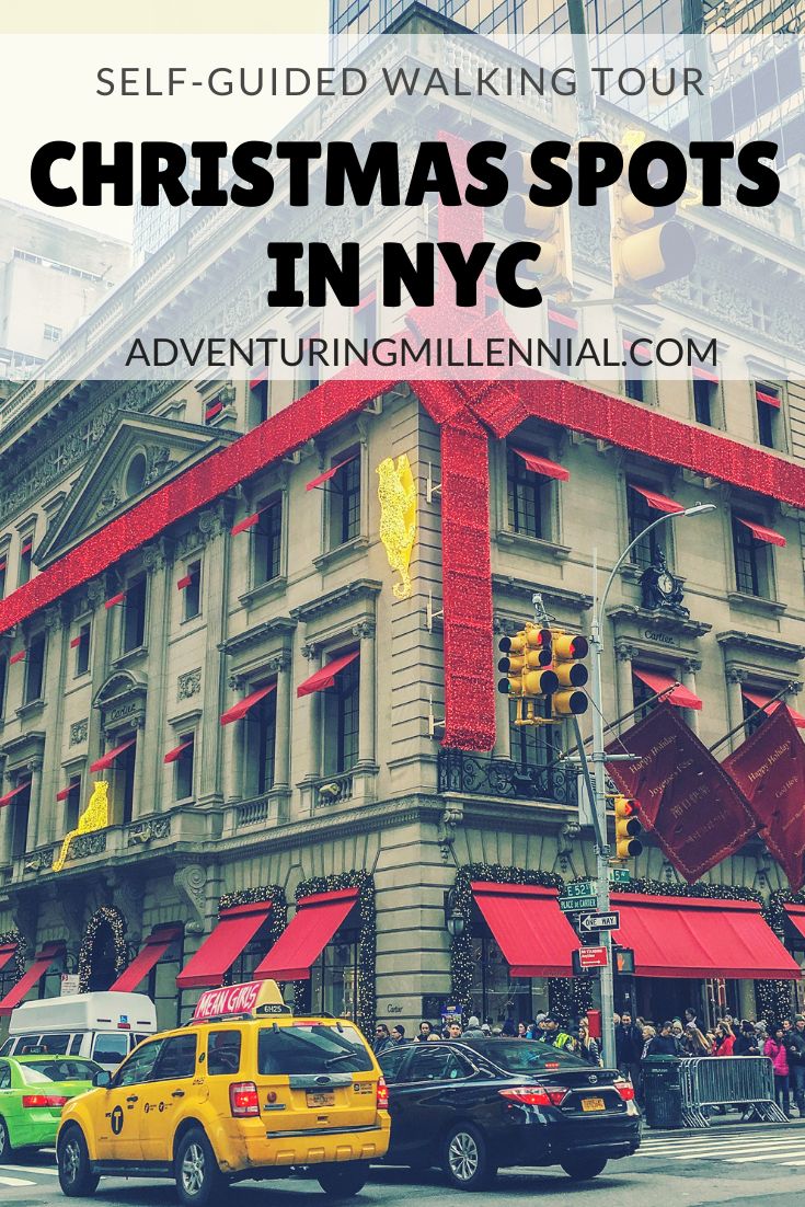 a yellow taxi cab driving past a tall building with red awnings and the words self - guided walking tour christmas spots in nyc