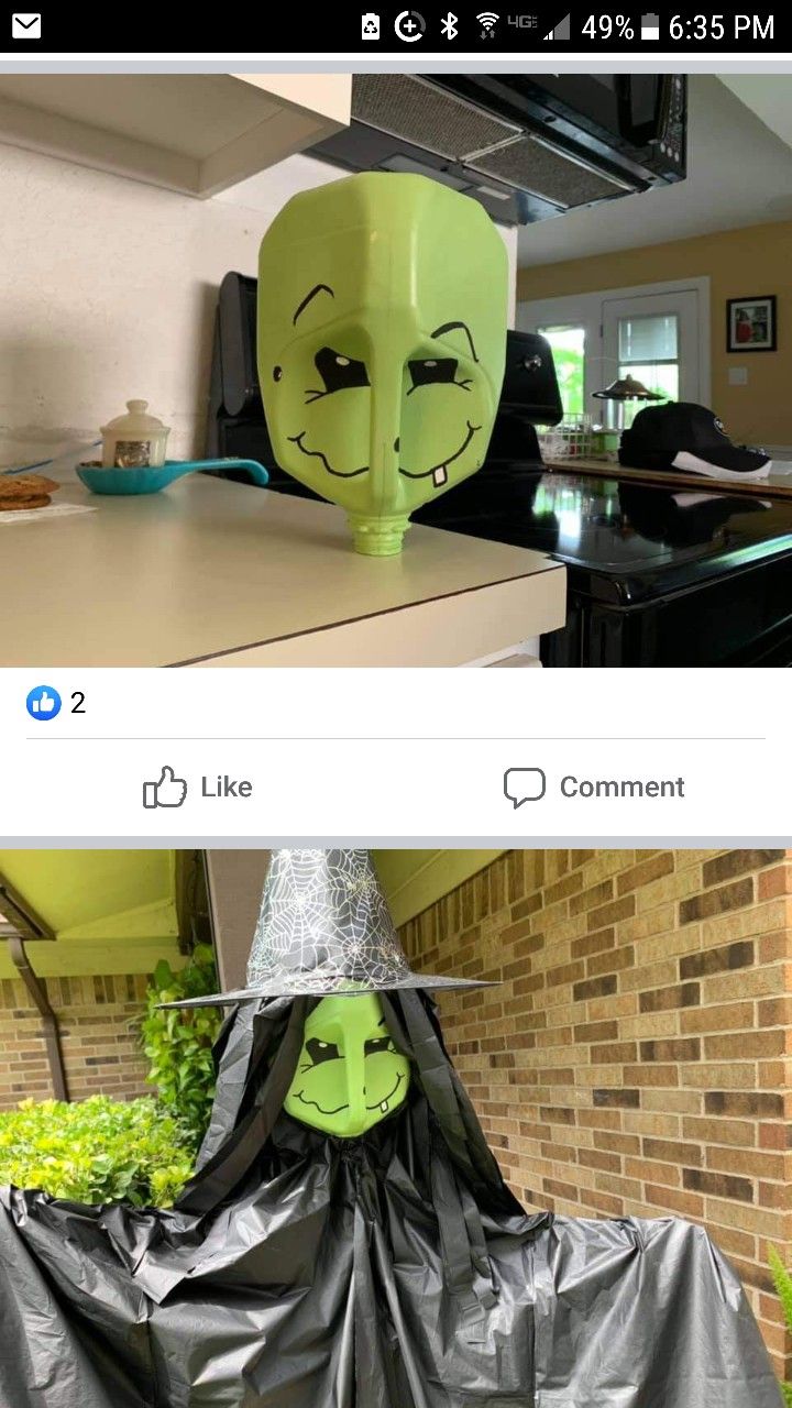 an image of a halloween decoration in the middle of two photos, one with a ghost head and another with a witch's hat on it