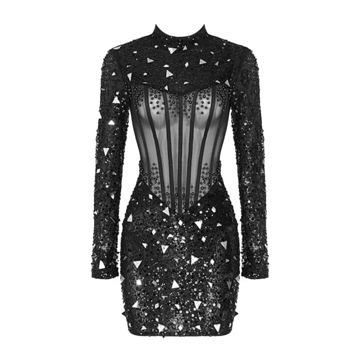 Be the star of every occasion in this elegant bodycon dress. Crafted from mesh and embellished with shining rhinestones, this chic long-sleeve mini dress is the perfect choice for a high-fashion look. Let its sophisticated shimmer and timeless silhouette speak for themselves and you without ever saying a word. Color: Black Style: Sexy & Club Sleeve Style: Regular Sleeve Length: Long Sleeve Neckline: Half high collar Material: Polyester Dresses Length: Above Knee, Mini Decoration: Faux Diamonds Closure Type: zipper Glamorous Fitted Corset Evening Dress, Sheer Fitted Corset Dress For Gala, Fitted Mesh Dress With Sheer Sleeves For Gala, Sheer Fitted High Neck Dress, Sheer Fitted Dress With High Neck, Fitted Bodycon Dress With Sheer Sleeves For Party Season, Fitted High Neck Dress With Sheer Bodice, Fitted Sheer High Neck Dress, Party Mini Dress With Sheer Bodice And Fitted Style