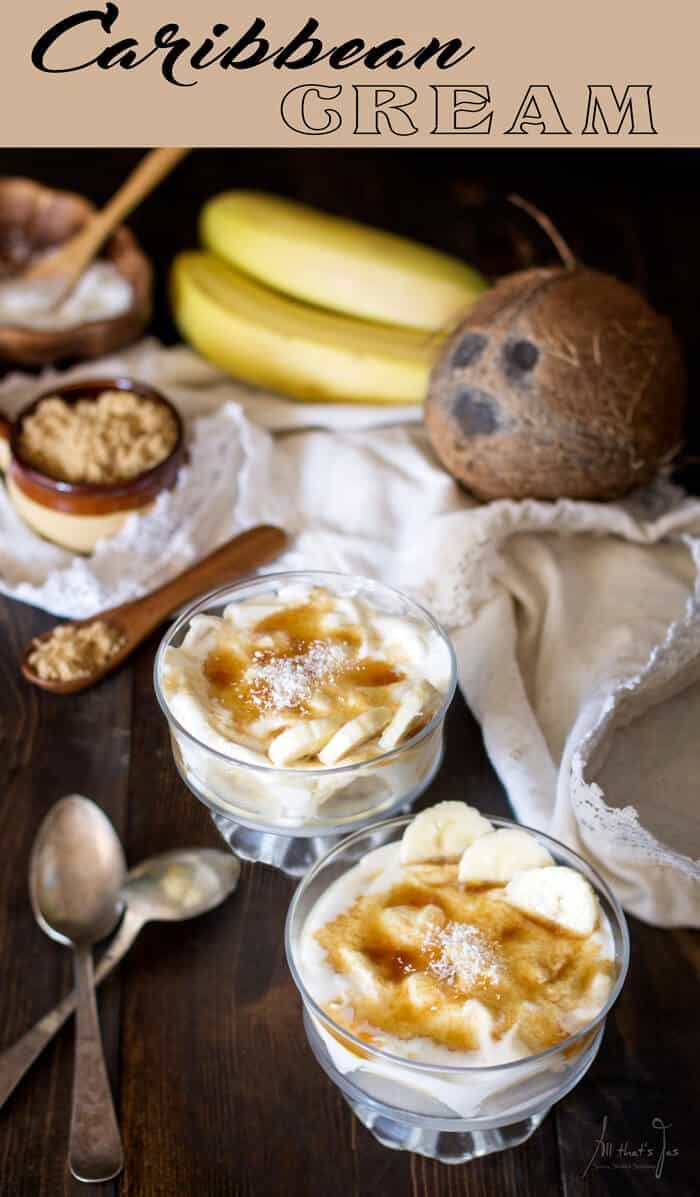 two desserts are sitting on a table with spoons and bananas in the background