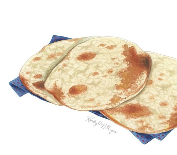 two flat breads sitting on top of blue napkins next to eachother