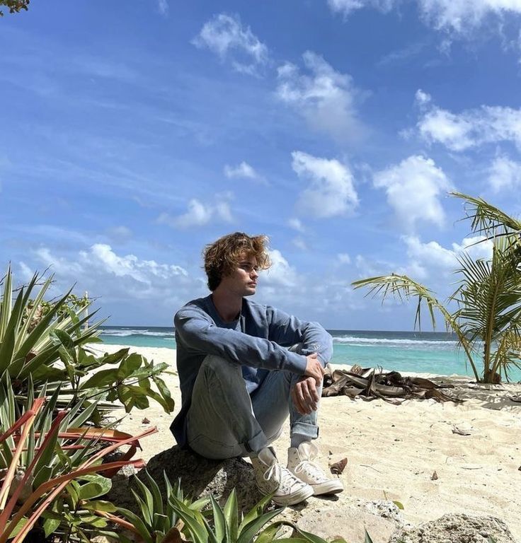 a man sitting on top of a sandy beach next to plants and the ocean in the background