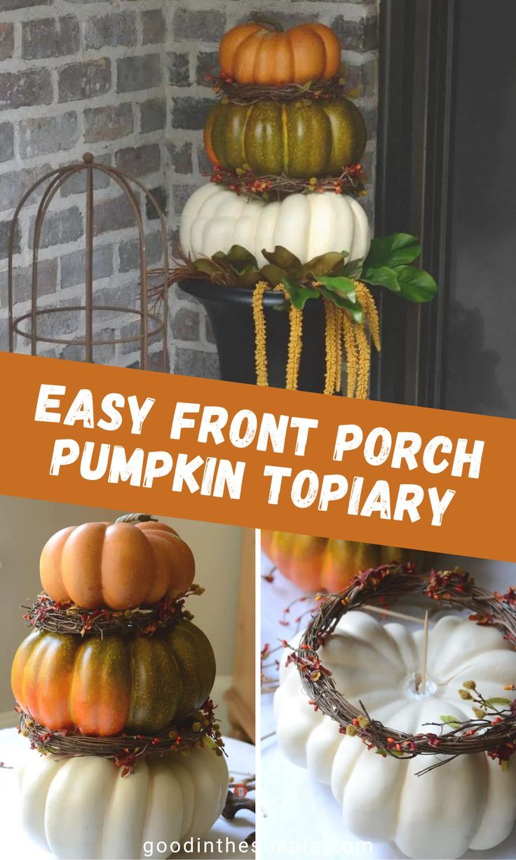 DIY stacked pumpkin topiary for fall front porch décor. Topiary Fall Decor, How To Make Stacked Pumpkin Topiary, Plastic Pumpkin Stack Front Porches, Stacked Pumpkin Planter, Pumpkin Topiaries Front Porches, Diy Fall Topiary Front Porch, Stacked Pumpkin Topiary Diy, Stacked Plastic Pumkin Decoration Ideas, Fall Stacked Pumpkins Diy