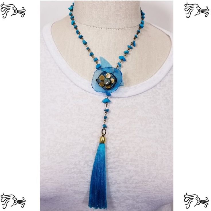 Women Y Necklace Turquoise Stone Bronze Chain Organza Flower Tassel Pendant Lobster Claw Closure Measurements - (Approximate) 18 Inch Necklace 4 Inch Tassel Pendant Beautiful & Unique Handmade Jewelry. Great For Bridal Jewelry Many More Charms Available. Yn44-1 Handmade Blue Turquoise Necklace For Summer, Adjustable Light Blue Turquoise Necklace In Bohemian Style, Unique Blue Jewelry For Summer, Elegant Blue Turquoise Necklace For Beach, Unique Blue Summer Jewelry, Bohemian Light Blue Necklaces For Summer, Bohemian Blue Turquoise Necklace For Summer, Blue Turquoise Necklace With Adjustable Chain, Blue Necklace With Adjustable Chain For Beach