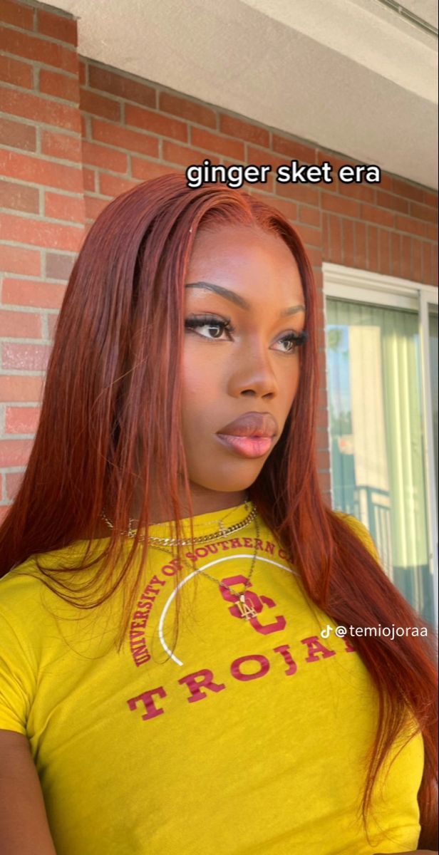 Brown Orange Hair Black Women, Sea Orange Hair, Ginger Black Women Hair, Ginger Hair With Dark Roots Black Women, Colored Hair On Brown Skin Women, Deep Ginger Hair Black Women, Ginger Auburn Hair Black Women, Ginger Hair Black Roots, Dark Skin Wig Colors