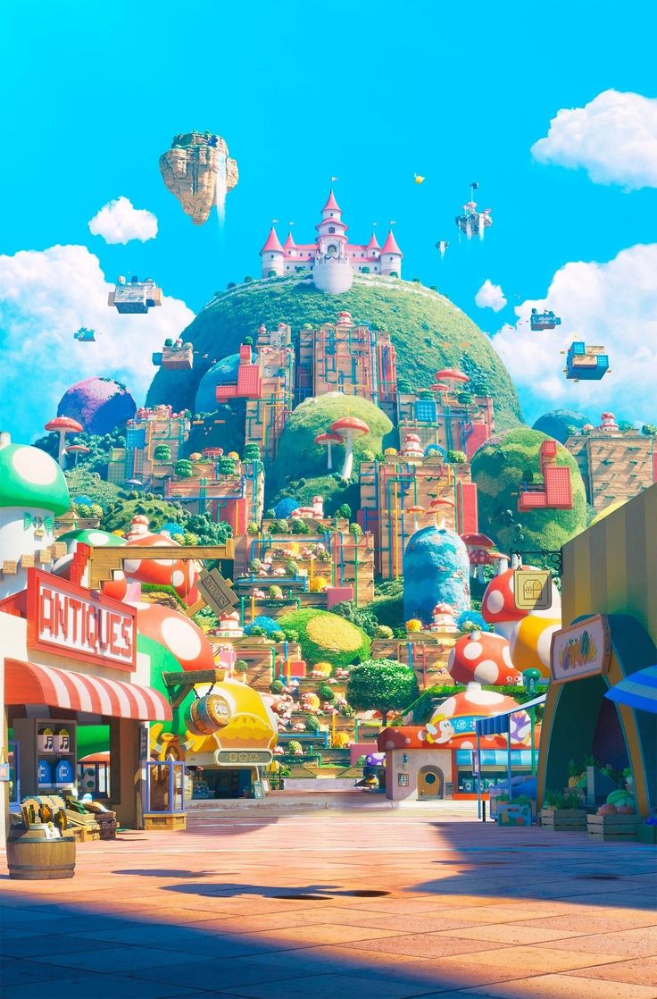 an animated city with lots of colorful buildings and balloons in the air above it, as well as people walking around