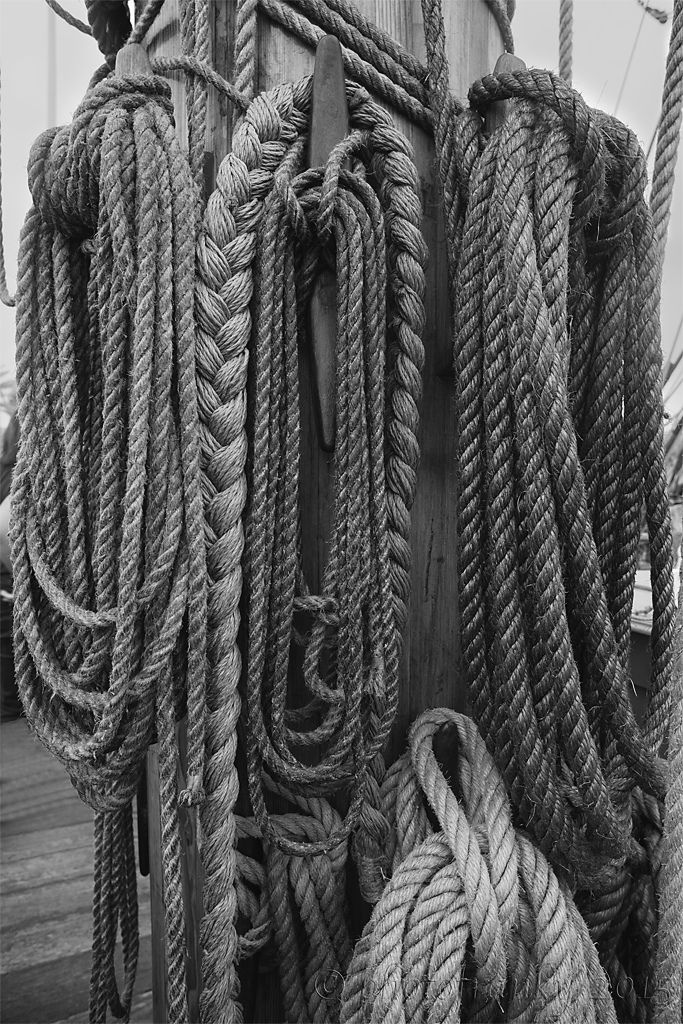 ropes on the side of a boat in black and white